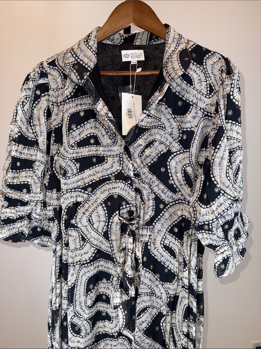 NWT Holly Shae Catherine Dress Black Gold White Swirl Midi | Size S/M